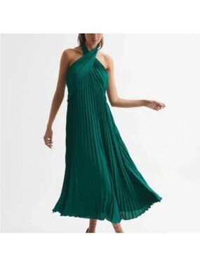 REISS Royal Emerald Green Halter Pleated Cocktail Dress Size 0 NEW NWT
